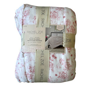 Rachel Zoe Reverse to Plush Gauze Blanket 90x90 Pink White Cupid Toile Valentine